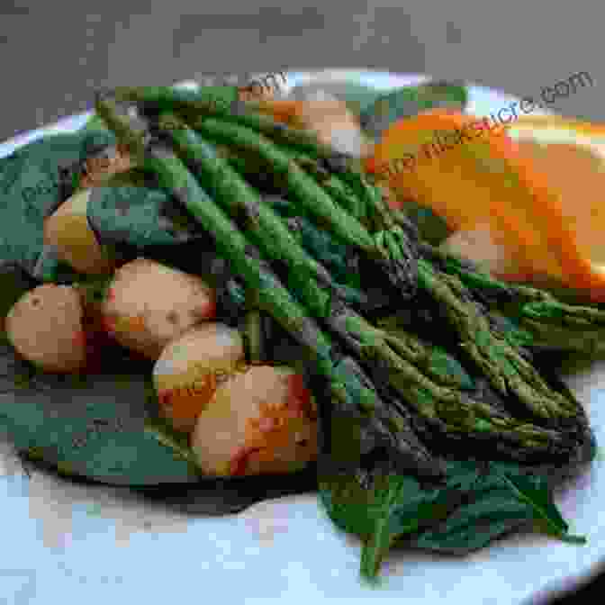 An Elegantly Plated Dish Featuring Seared Scallops With Asparagus And Morel Mushrooms California Food: Discover Delicious Recipes From California: California Style Cooking